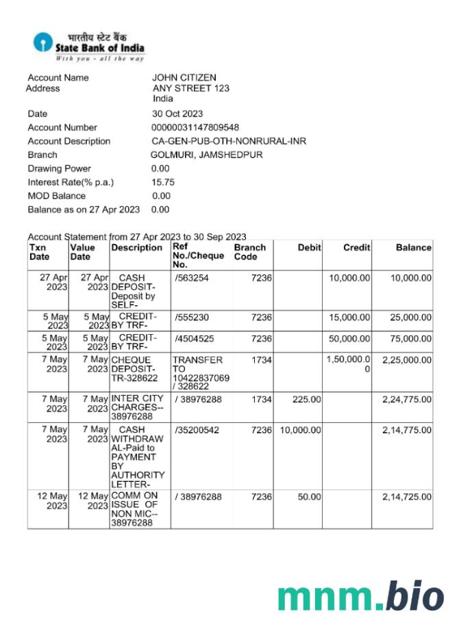 India State Bank Of India wyciąg bankowy Word i szablon PDF, 2 strony